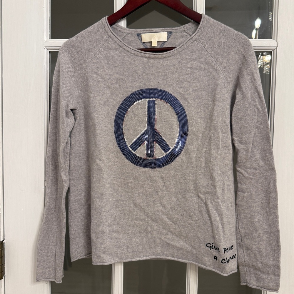 Lisa Todd Gray Crewneck Sweater with Blue Sequin Peace Emblem